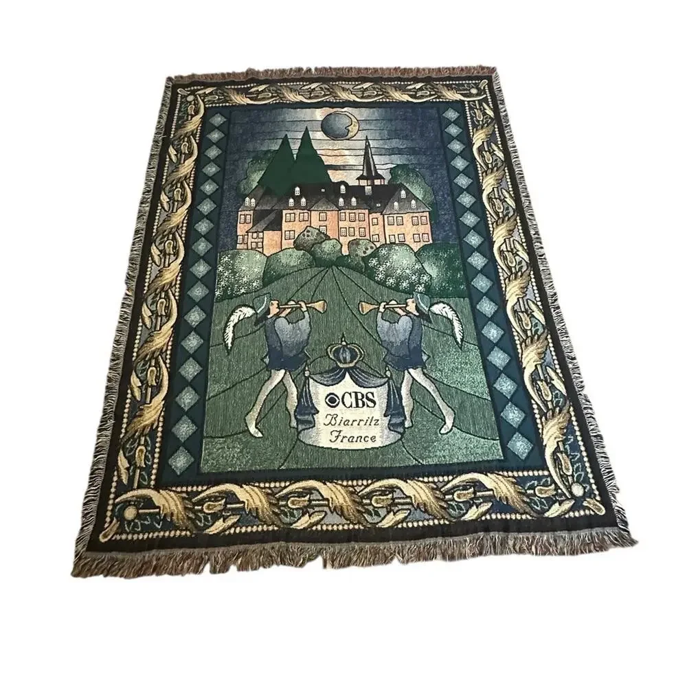 French Woven Tapestry Throw Blanket CBS Biarritz France Fringed